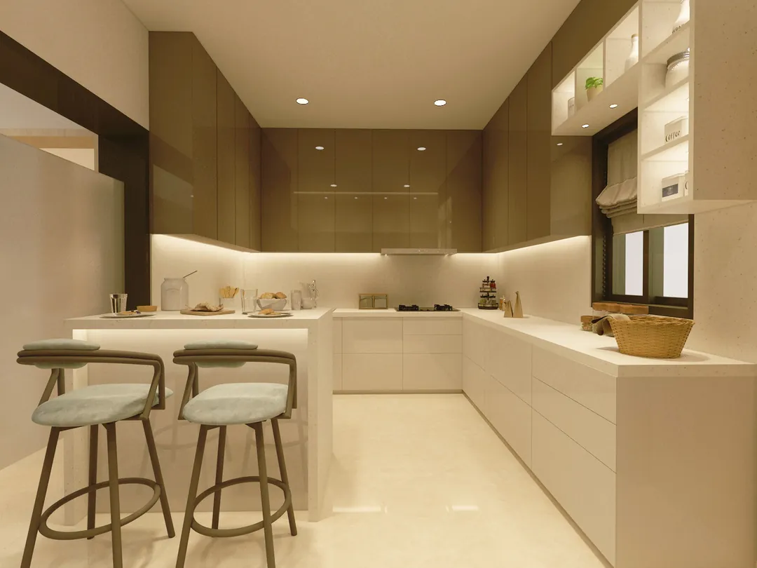 U-shaped kitchen with breakfast bar and stools