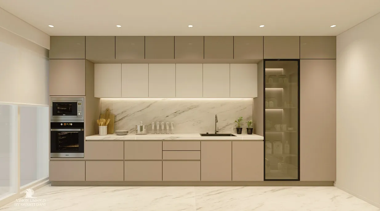 Linear modular kitchen with stone-look backsplash and built-in appliances