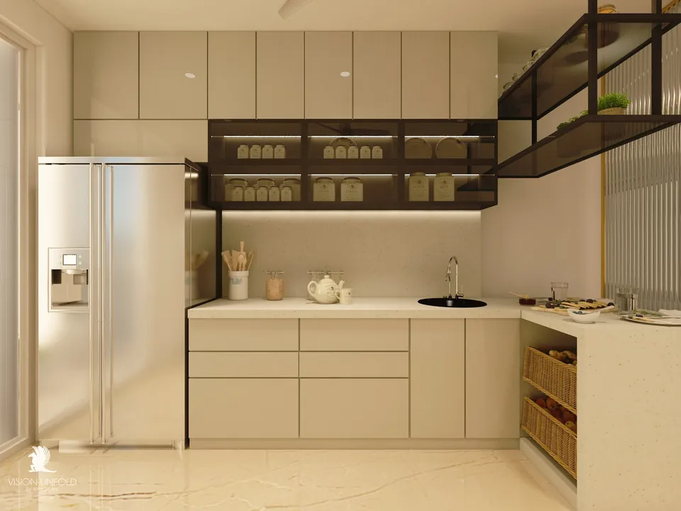 L-shaped kitchen with tall fridge unit and open dark shelving
