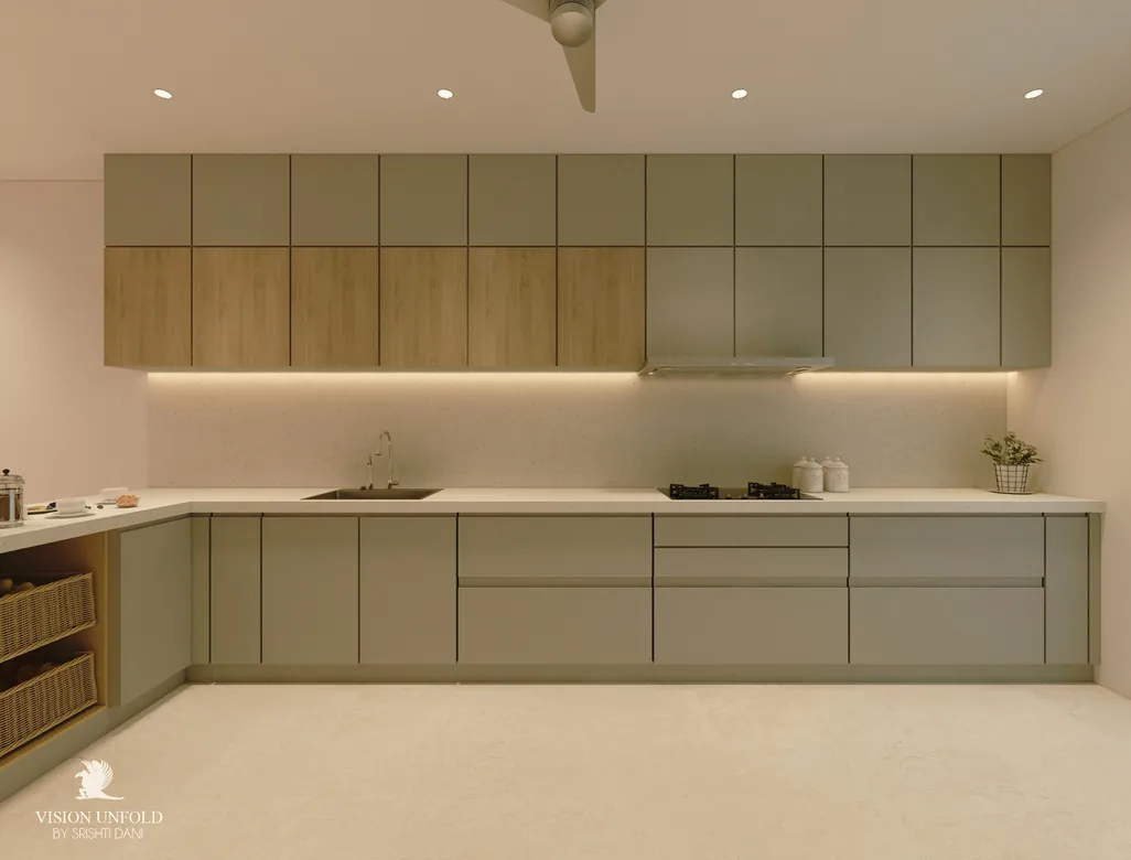 Two-tone linear kitchen with wood upper cabinets