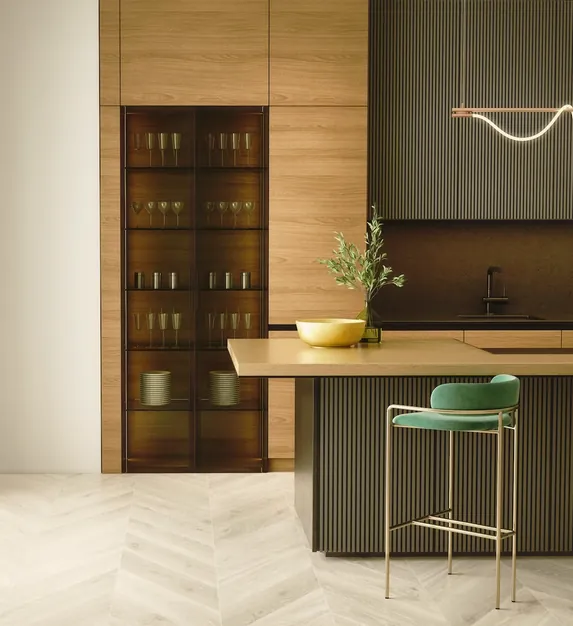 Walnut-finish tall unit with glass display and a fluted kitchen island
