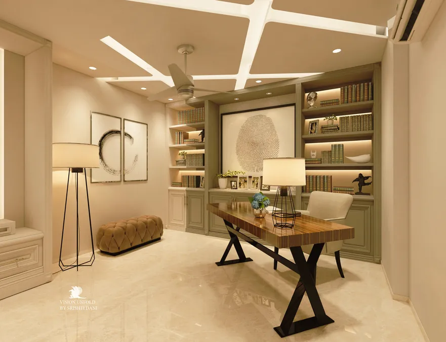 Home office with backlit bookshelves and a timber desk