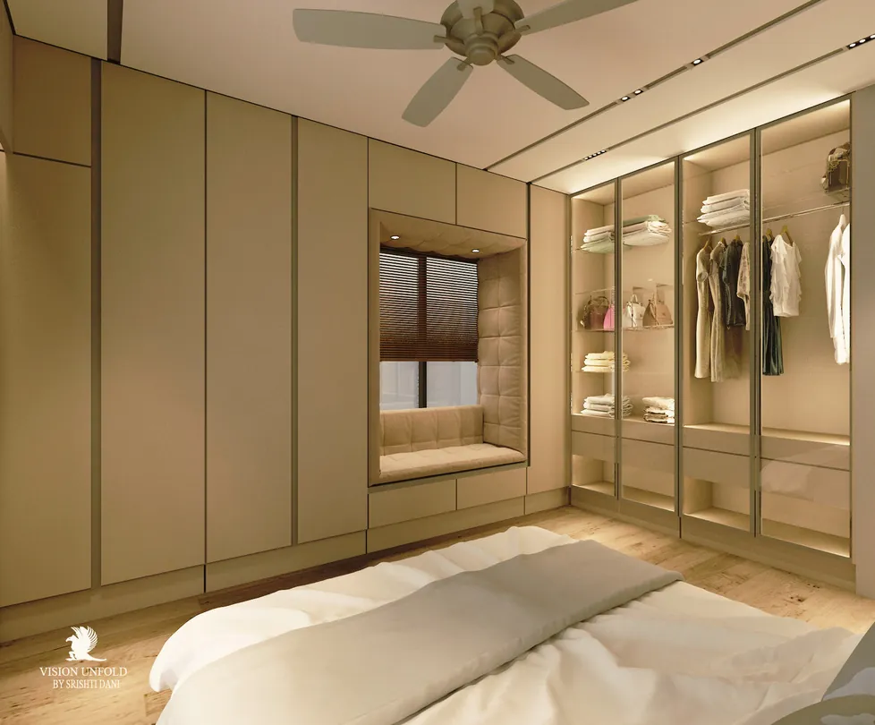 Beige wardrobe wall with lit niches