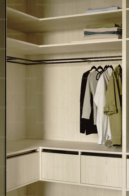 Full-height wardrobe wall with window seat